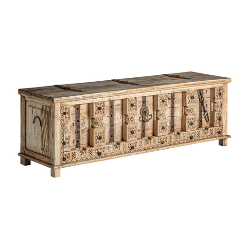 Introducing the exquisite handcrafted TV Stand PHALODI, a stunning piece of natural furniture perfect for any home. The unique ethnic style and natural distressed color create a warm and inviting ambiance, while the use of high-quality mango wood adds durability and longevity to the piece