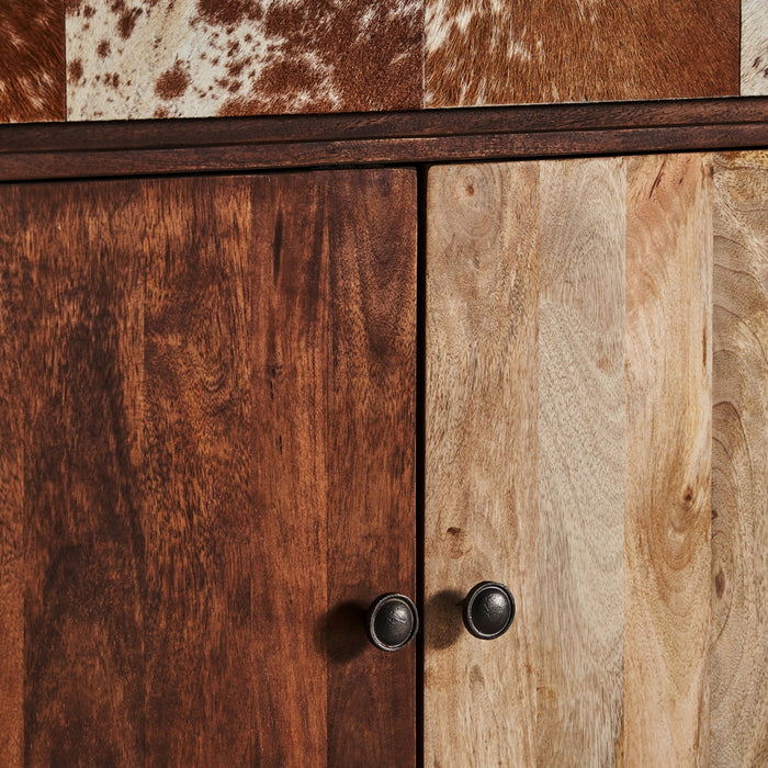 This Nordic-style bar cabinet, BROWN &amp; BEIGE, is made of recycled mango wood, wrought iron, and cowhide leather. Its unique design adds warmth and natural charm to any living space.