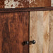 This Nordic-style bar cabinet, BROWN &amp; BEIGE, is made of recycled mango wood, wrought iron, and cowhide leather. Its unique design adds warmth and natural charm to any living space.