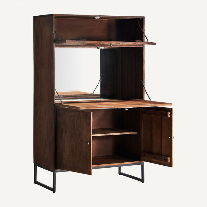 This Nordic-style bar cabinet, BROWN &amp; BEIGE, is made of recycled mango wood, wrought iron, and cowhide leather. Its unique design adds warmth and natural charm to any living space.