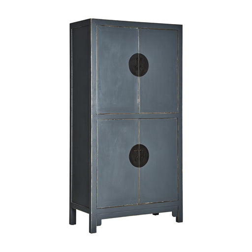 Introducing the MERSIN Wardrobe, a unique and handmade piece of furniture that boasts a stunning grey distressed color and an Eastern/Oriental style. This wardrobe is crafted from high-quality elm wood and features intricate details that make it a one-of-a-kind addition to any space