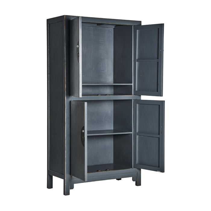 Introducing the MERSIN Wardrobe, a unique and handmade piece of furniture that boasts a stunning grey distressed color and an Eastern/Oriental style. This wardrobe is crafted from high-quality elm wood and features intricate details that make it a one-of-a-kind addition to any space