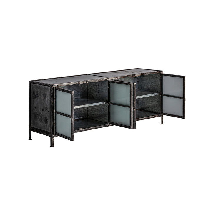 Sideboard Diou, a bold statement piece that effortlessly blends industrial aesthetics with functional design. Its striking black color adds a contemporary touch to any room, while the industrial style creates a visually appealing focal point. 