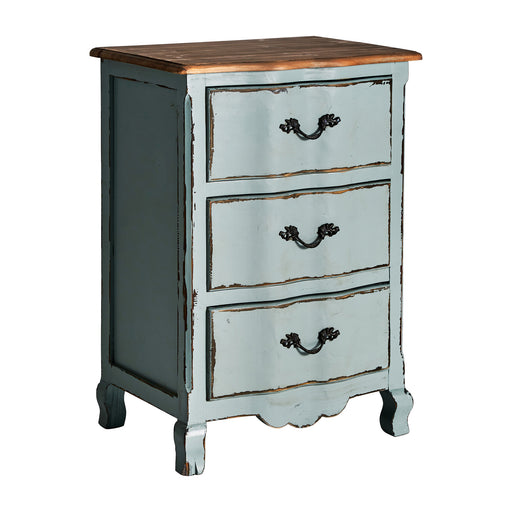 Elm Wood Bedside Table in Blue distressed color boasts a charming shabby chic style, complete with a vintage and antique look.