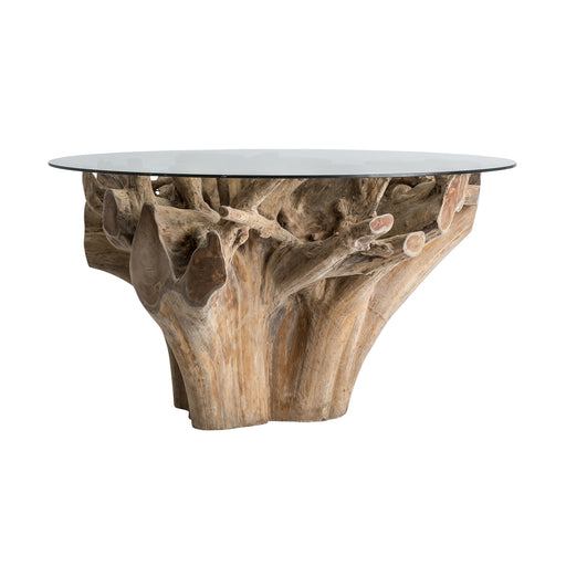 Immerse yourself in the captivating beauty of the Dining Table Warri. With its natural color and ethnic style, it exudes a warm and inviting atmosphere. Crafted from teak root and complemented by a glass tabletop, this table showcases the unique and organic patterns of the wood