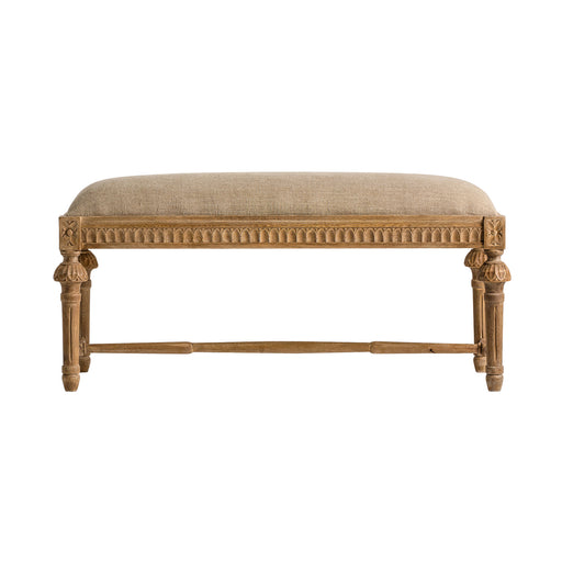 The Nargis bed foot stool, draped in a serene beige hue, epitomizes the bucolic charm of Provenzal design. Delicately crafted from mango wood and upholstered with a refined blend of cotton and linen, it offers a union of texture and comfort