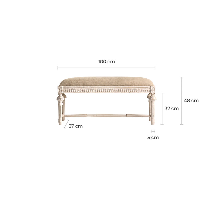 The Cepoy bed foot stool, in a soft cream washed finish, captures the rustic serenity of Provenzal design. Expertly chiseled from mango wood and paired with a harmonious blend of cotton and linen, it offers a tactile experience that's both comfortable and aesthetically pleasing