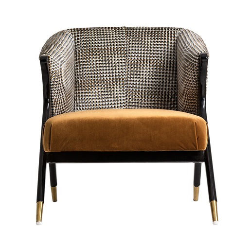 Brillon armchair, ochre color, geometric patterns, velvet combined with wood