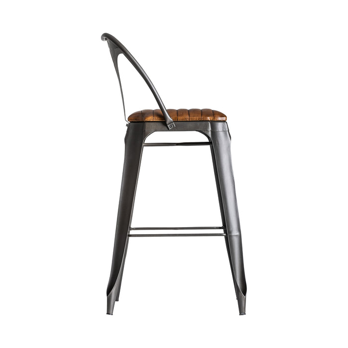 Within the industrial design landscape, the Oron Stool asserts itself with a harmonious blend of grey and natural tones. Its iron framework, a testament to raw strength, is thoughtfully juxtaposed with the tactile warmth of leather