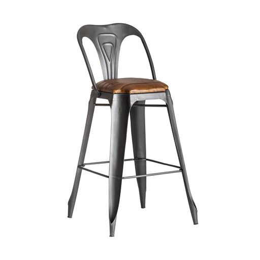 Within the industrial design landscape, the Oron Stool asserts itself with a harmonious blend of grey and natural tones. Its iron framework, a testament to raw strength, is thoughtfully juxtaposed with the tactile warmth of leather