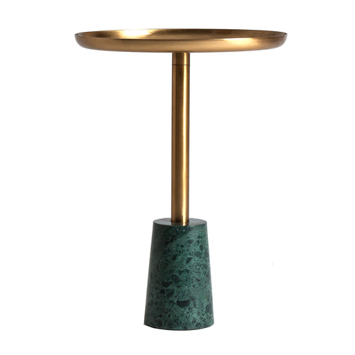 Introducing the captivating Side Table Thyrnau, a stunning addition to your space. Its Art Deco-inspired design combines a striking green and gold color palette, exuding sophistication and charm. Crafted with precision from iron and marble, this side table boasts both durability and elegance