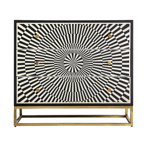 This luxurious Art Deco style Chest of Drawers from the Gatsby Collection, made of a combination of iron, bone, and MDF, is sure to be an eye-catcher with its stunning Black & White & Gold colors