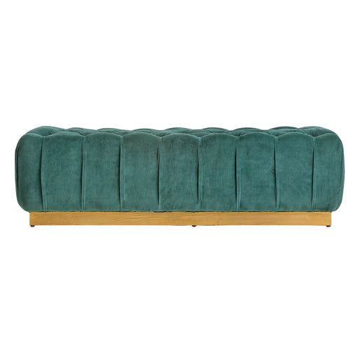 The Tweng bed foot stool, in a luxurious combination of green and gold, channels the opulent aura of the Art Deco era. Meticulously crafted from mango wood and accentuated with plush green velvet, it features iron elements that add a touch of golden brilliance