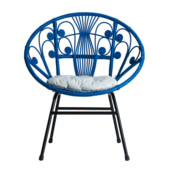 The Armchair BALOS is a sleek and stylish piece of furniture that blends contemporary design with traditional materials. Its beautiful blue color adds a pop of color to any living space while the combination of rattan and cotton provides comfort and durability