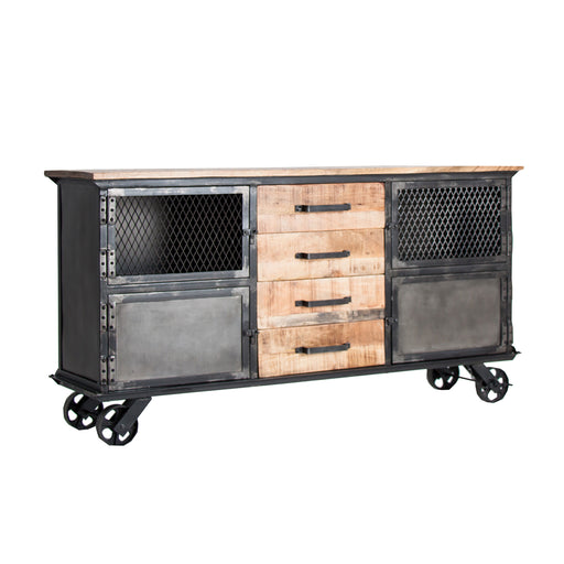 The Gaffney sideboard, showcasing a contrasting play of negro and natural tones, encapsulates the rugged aesthetics of industrial design. Forged from robust iron and complemented by the rich textures of mango wood, it offers a harmonious blend of materials. 