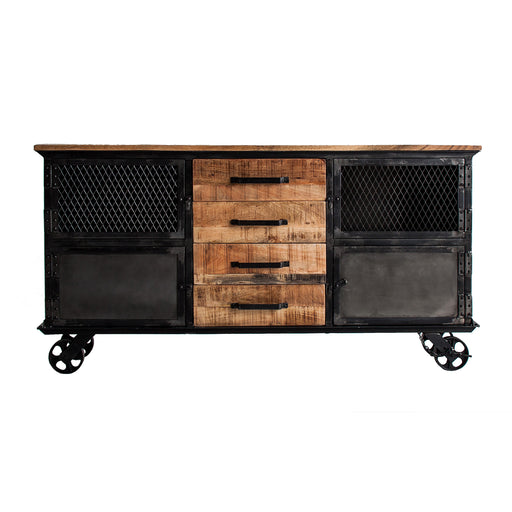 The Gaffney sideboard, showcasing a contrasting play of negro and natural tones, encapsulates the rugged aesthetics of industrial design. Forged from robust iron and complemented by the rich textures of mango wood, it offers a harmonious blend of materials. 