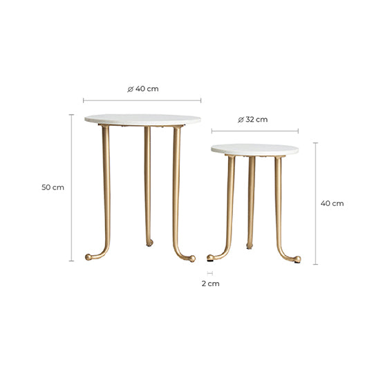 Enhance your living space with the exquisite Tweng Side Table Set, featuring a stunning Art Deco design in a sophisticated combination of white and gold. Crafted with meticulous attention to detail, these side tables are made of durable iron and adorned with luxurious marble tops