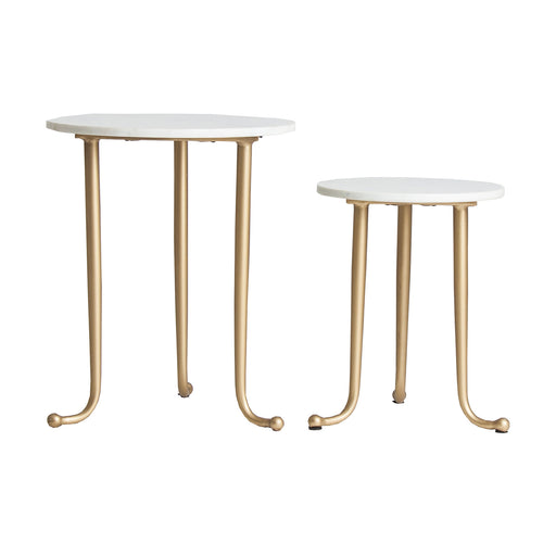 Enhance your living space with the exquisite Tweng Side Table Set, featuring a stunning Art Deco design in a sophisticated combination of white and gold. Crafted with meticulous attention to detail, these side tables are made of durable iron and adorned with luxurious marble tops