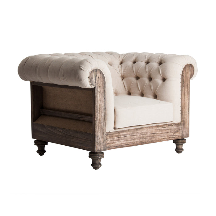 The GORE Armchair is a stunning statement piece that brings vintage charm to any room. The beige color of the polyester upholstery adds a touch of warmth and elegance, while the carefully crafted tropical wood frame ensures durability and longevity