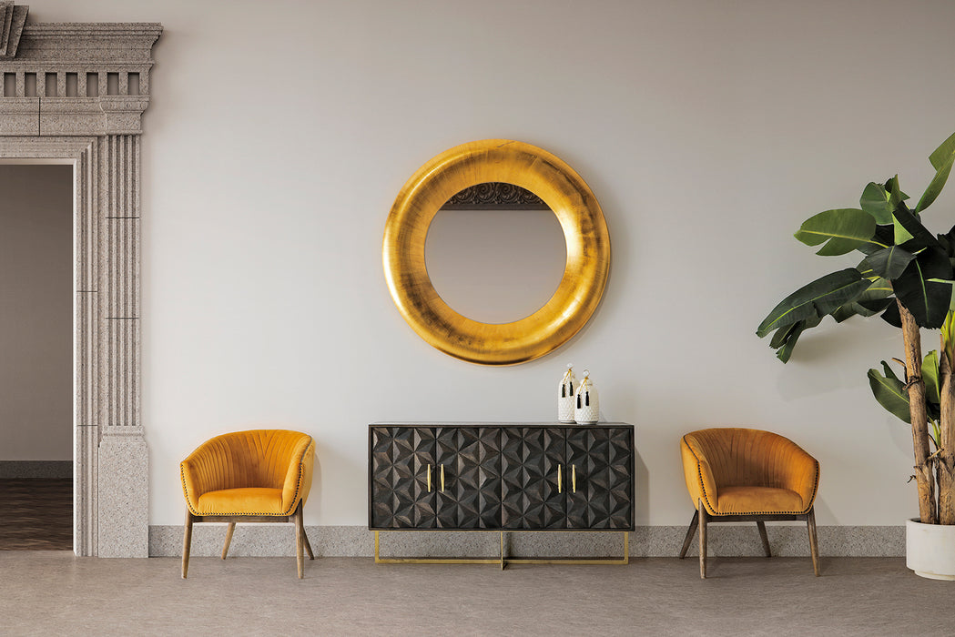 Room design with mustard colored, velvet armchair Neive in vintage design. Hight quality materials make a practical addition to any living space.