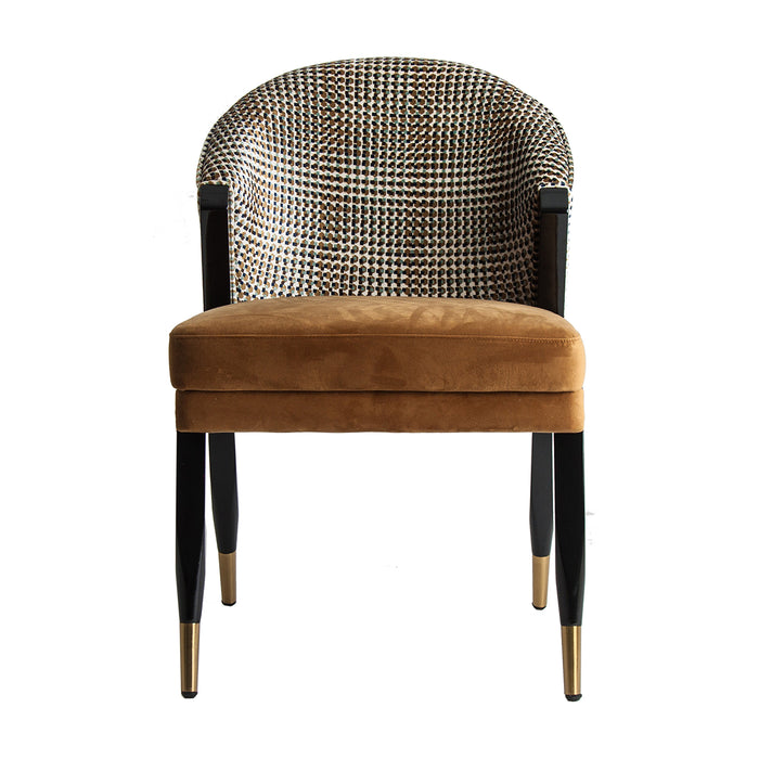Luxury chair Brillon, high-quality piece with sophistication, in ochre and black colors with a hint of gold. Velvet textures