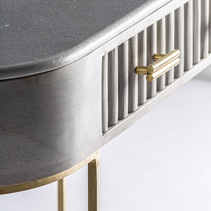 The Glees console table is an Art Deco-inspired masterpiece, featuring a Cream & Gold color scheme that exudes elegance. Made of mango wood, iron, and brass