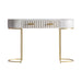 The Glees console table is an Art Deco-inspired masterpiece, featuring a Cream & Gold color scheme that exudes elegance. Made of mango wood, iron, and brass