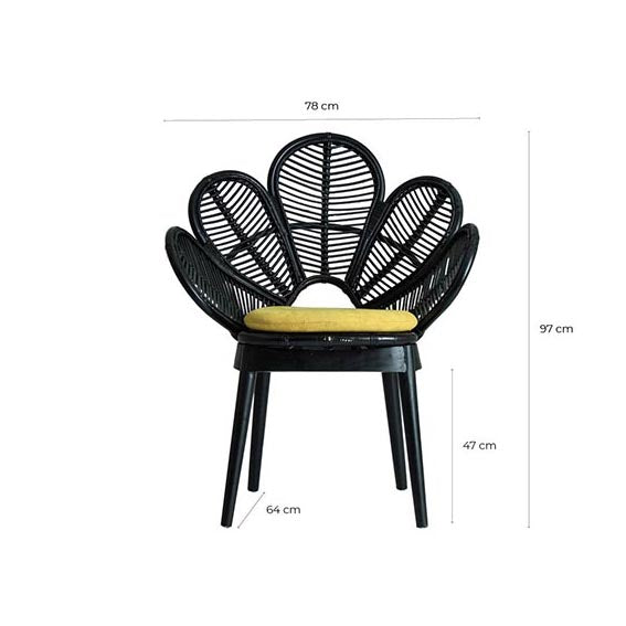 The "Lluc" armchair is a black-colored, kitsch-style seating option. It is crafted from rattan and features a combination of cotton and foam for enhanced comfort. The product is designed to be removable, allowing for easy maintenance and cleaning