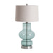 This is a table lamp with a classic design that features a natural color scheme of grey and silver. The lamp is crafted from natural materials such as glass, iron, and linen