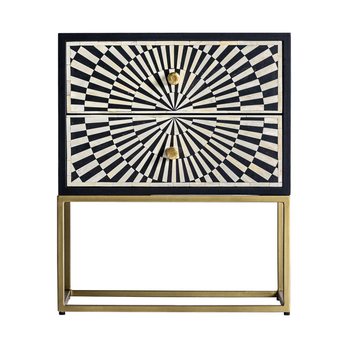 This luxurious Art Deco style bedside table, made of a combination of iron, bone, and MDF, is sure to be an eye-catcher with its stunning Rust, Black & White & Gold colors