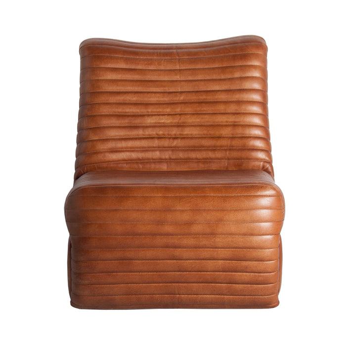 The Almstock armchair is a vintage-style piece in brown color, crafted from a combination of leather and iron. It offers both a timeless aesthetic and a comfortable seating experience