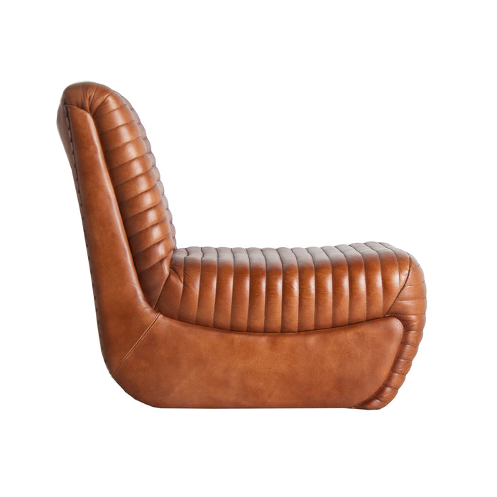 The Almstock armchair is a vintage-style piece in brown color, crafted from a combination of leather and iron. It offers both a timeless aesthetic and a comfortable seating experience