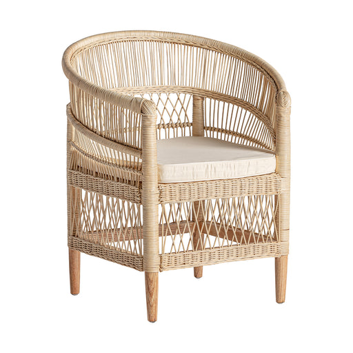 Elegant armchair in natural color, made from a combination of rattan, mindi wood, and cotton