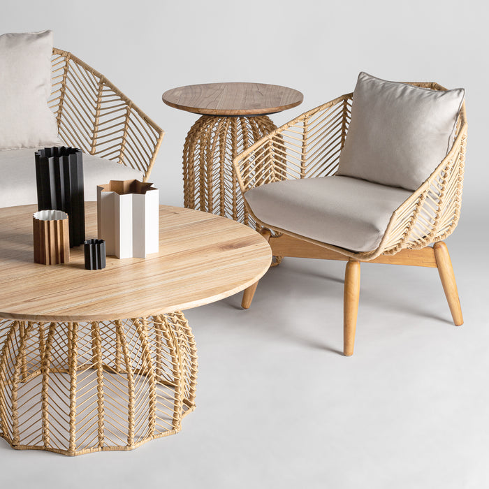 Plissé Rattan Collection features a natural-colored, Nordic-style design that combines Mahogany Wood with Rattan and Cotton materials