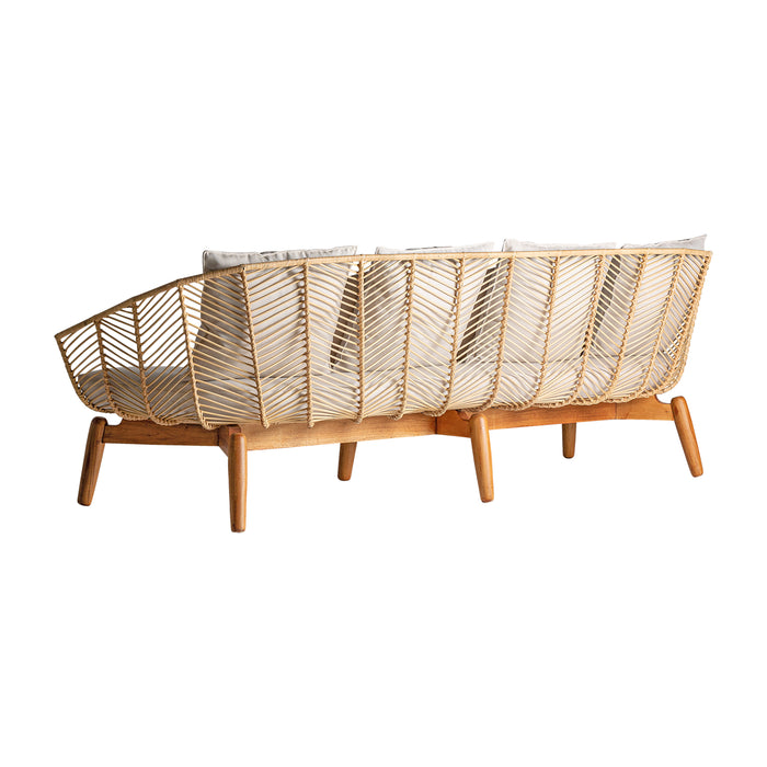 Sofa Plissé Rattan in Nordic Style is crafted from pure natural materials, including mahogany wood, rattan, and cotton make it a standout piece that brings a touch of pure nature to any room indoor and outdoor