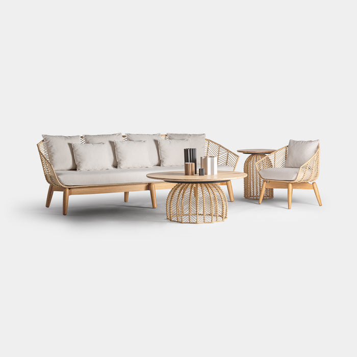 The Plissé Rattan Collection is a perfect way to bring nature closer to home. Its Nordic style and natural color scheme are complemented by the use of mahogany wood, iron, and rattan materials, which beautifully blend the natural and industrial elements