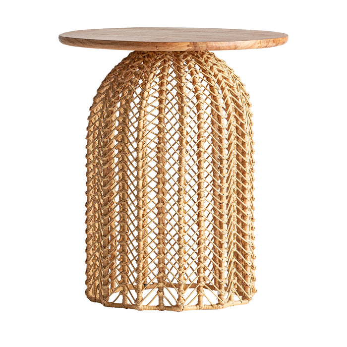 The Plissé Rattan Side Table is a perfect way to bring nature closer to home. Its Nordic style and natural color scheme are complemented by the use of mahogany wood, iron, and rattan materials, which beautifully blend the natural and industrial elements.