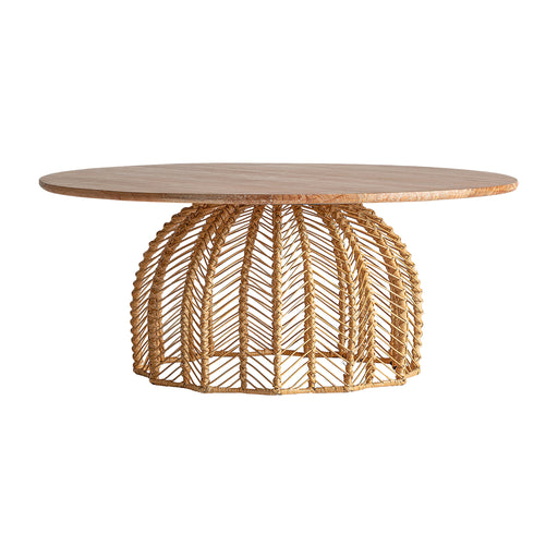 Coffee Table Plissé Rattan in a natural color and Nordic style, crafted from a blend of durable materials including mahogany wood, rattan, and iron. This exquisite piece of furniture is designed to bring a touch of nature closer to your home.