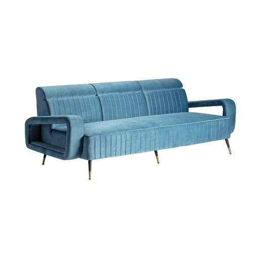 The Sladki Sofa features a striking blue color and a captivating kitsch style. It is constructed with a durable iron frame and upholstered in luxurious velvet fabric
