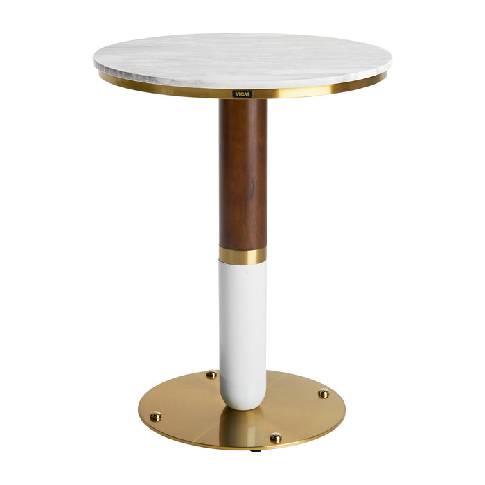 Round Ferlach Bar Table in white and gold exudes Art Deco style and elegance. Crafted from high-quality walnut wood, it showcases a luxurious combination of marble and metal accents. The table is designed with detachable components, allowing for easy assembly and versatility