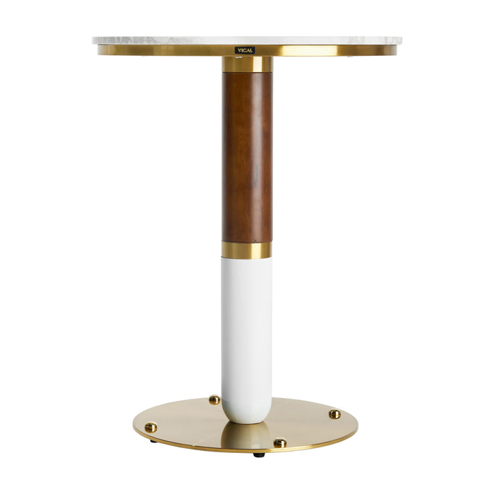 Round Ferlach Bar Table in white and gold exudes Art Deco style and elegance. Crafted from high-quality walnut wood, it showcases a luxurious combination of marble and metal accents. The table is designed with detachable components, allowing for easy assembly and versatility.