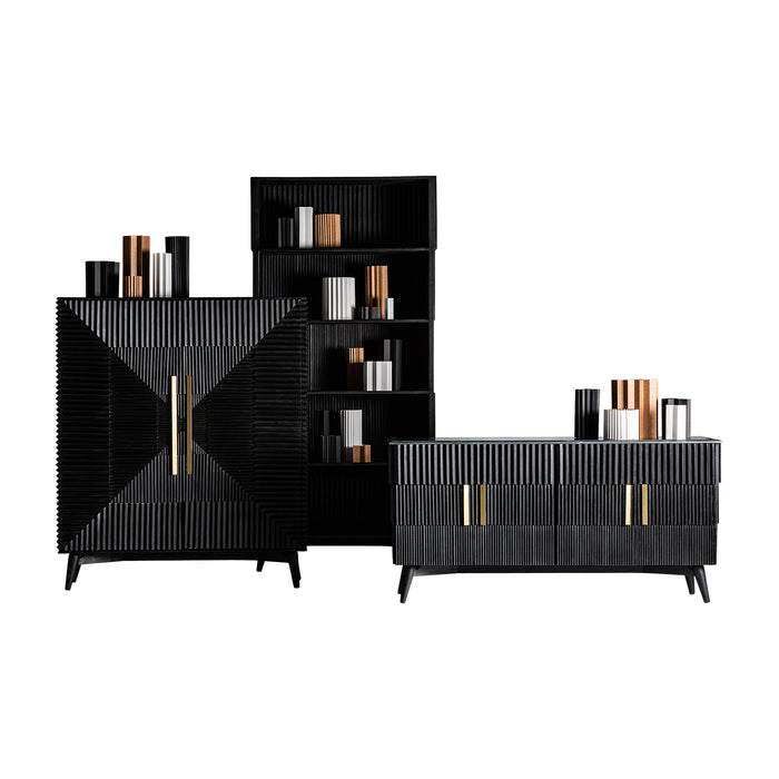The Plissé Wood Wardrobe in sleek black color is a stunning example of Art Deco style. Crafted from high-quality mango wood and complemented with iron accents, it showcases a perfect blend of elegance and durability. 