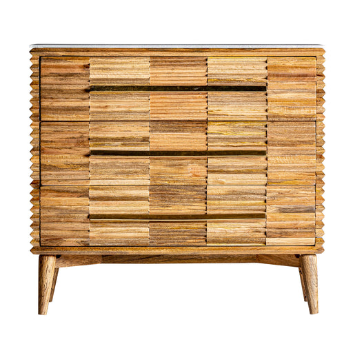 The Plissé Wood Chest of Drawers in a sleek natural color embodies the luxurious Art Deco style. Meticulously crafted from high-quality mango wood, it features exquisite marble accents and iron detailing for a touch of elegance