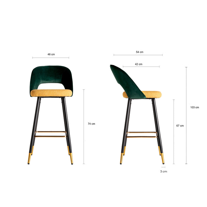 The Ghedi Stool elegantly blends Art Deco style with a striking color palette of Green, Mustard, Black, and Gold. Crafted with luxurious Velvet upholstery, it exudes both comfort and sophist