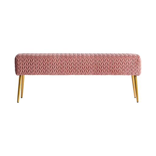 Esine bed foot stool, bathed in a plush pink hue, encapsulates the grandeur of the Art Deco era. Adorned in sumptuous velvet and supported by a sturdy combination of steel and MDF, it offers both opulence and structural integrity