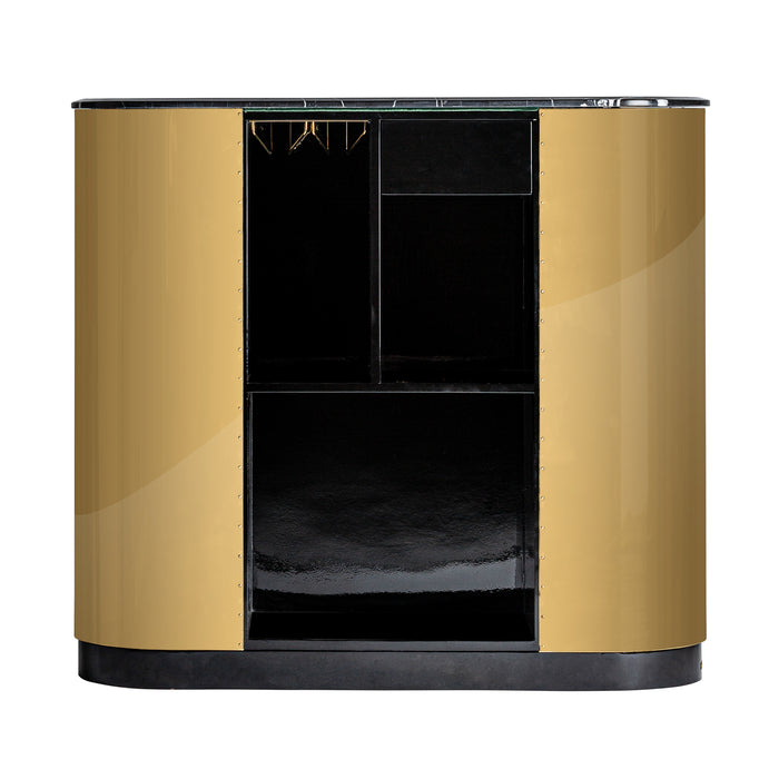 The Bilcza Bar Counter is a luxurious eye-catcher that blends synthetic marble, steel, and MDF to create a stunning piece of furniture. Its black and gold color scheme exudes opulence, while its art deco style adds a touch of glamour to any living space