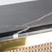 The Bilcza Bar Counter is a luxurious eye-catcher that blends synthetic marble, steel, and MDF to create a stunning piece of furniture. Its black and gold color scheme exudes opulence, while its art deco style adds a touch of glamour to any living space