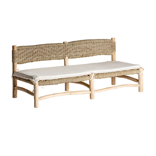 The Manhula Sofa, showcasing a Colonial style, is crafted from a blend of teak wood, natural fiber, and polyester, adding to its durability and comfort indoor or outdoor