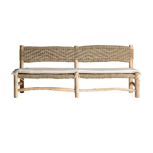 The Manhula Sofa, showcasing a Colonial style, is crafted from a blend of teak wood, natural fiber, and polyester, adding to its durability and comfort indoor or outdoor