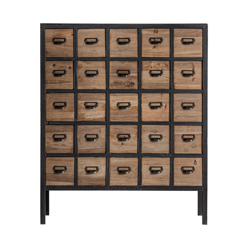 Introducing the Drossia Chest Of Drawers, a remarkable piece in the striking combination of Black and Natural colors, showcasing an industrial-style charm. Meticulously crafted from high-quality elm wood and iron, this chest of drawers embodies durability and rustic elegance